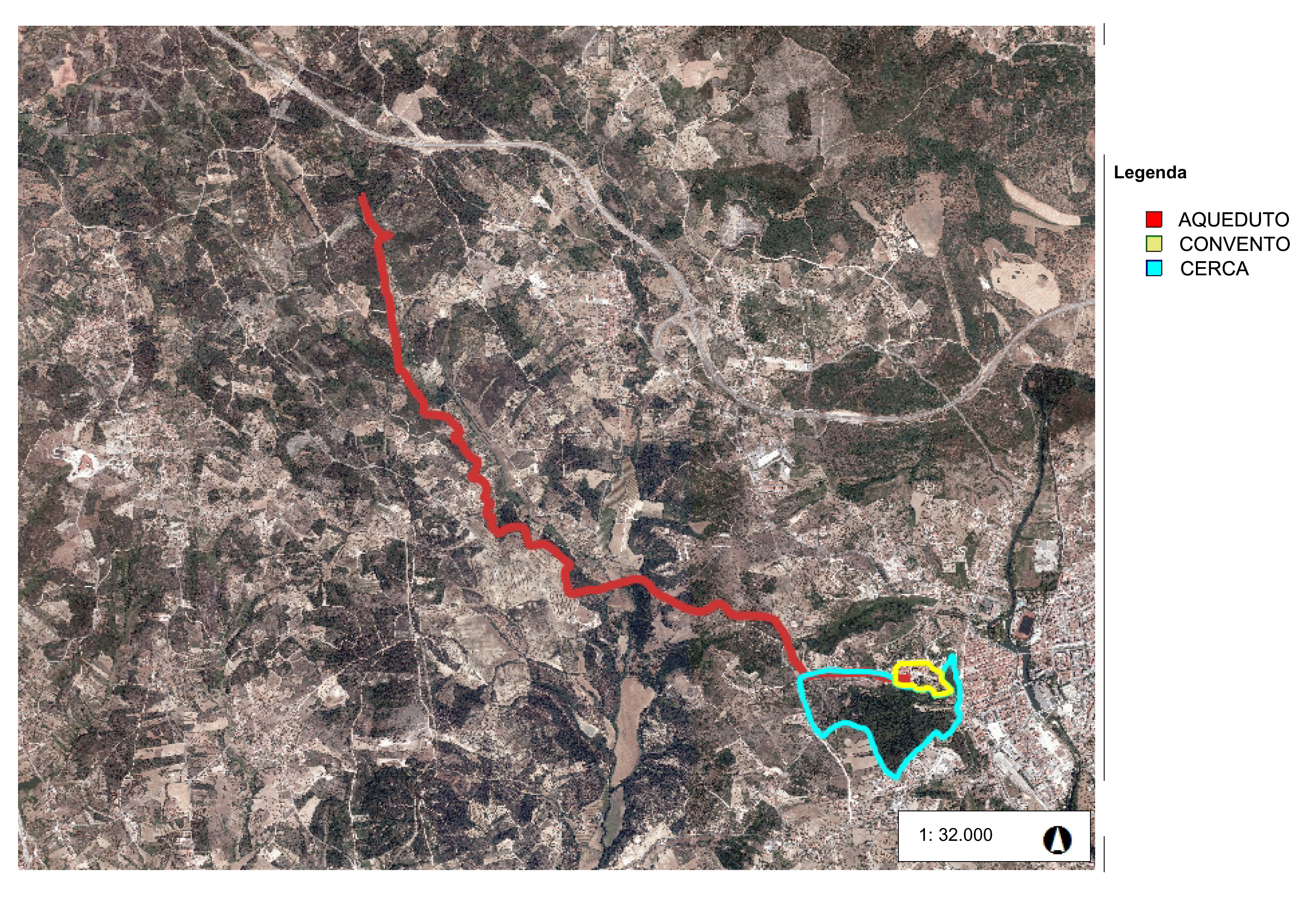 Localização do aqueduto e da cerca conventual